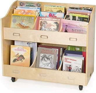 Mobile Book Organizer - Wooden Rolling Bookshelf and School Supply Cart with Casters and nameplate Labels - Classroom Storage Furniture