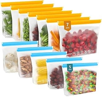 IDEATECH 12Pack Reusable Food Storage Bags Dishwasher Safe,Leakproof Gallon Freezer Bags, BPA Free Quart Sandwich Size Reusable Baggies for Marinate Meats,Travel(7Gallon 5Quart, Colored)