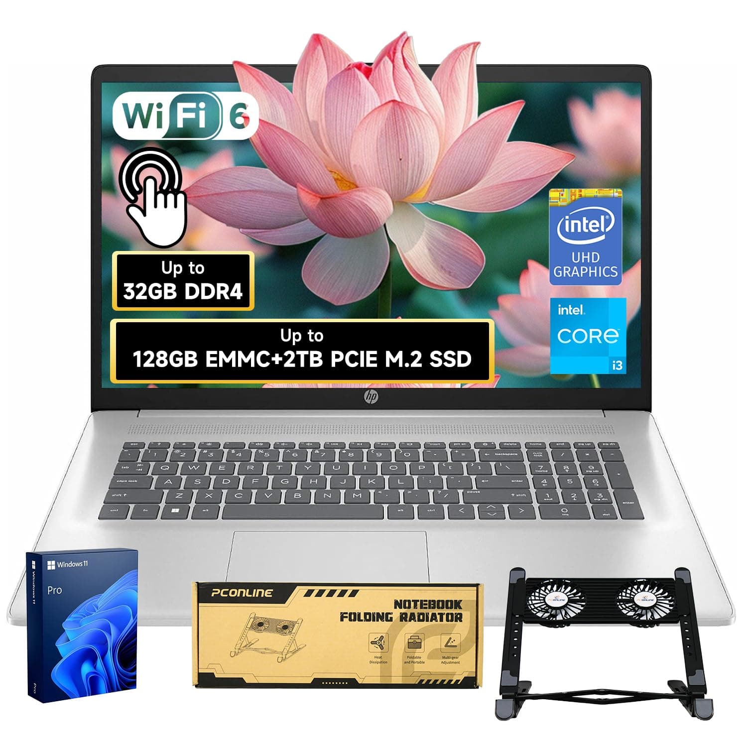 HP 17.3" Touchscreen Laptop, Intel Core i3 CPU, Win 11 Pro w/Office 365 for The Web, 16GB RAM, 128GB eMMC + 512GB SSD, Numeric Keypad, Wi-Fi 6, Silver, Bundle with PCO Notebook Fold Radiator, Cooler