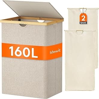 Lifewit 160L Double Laundry Hamper with Lid, Extra Large Bamboo Laundry Basket Dirty Clothes Hamper, 2 Section Laundry Bin Organizer for Laundry Room Bedroom with 2 Removable Liners & Bags, Beige