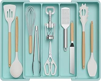 Lifewit Utensil Organizer for Kitchen Drawers, Expandable Cooking Utensil Tray, Adjustable Cutlery Silverware Flatware Holder, Plastic Spatula Tools and Gadgets Storage Divider, Large, TurquoiseRecycled Claim Standard 100