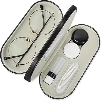2 in 1 Contact Lens and Glasses Case Double Sided Portable Eyeglasses Case with Mirror Tweezer and Contact Lens Solution Bottle Storage Kit for Travel Black