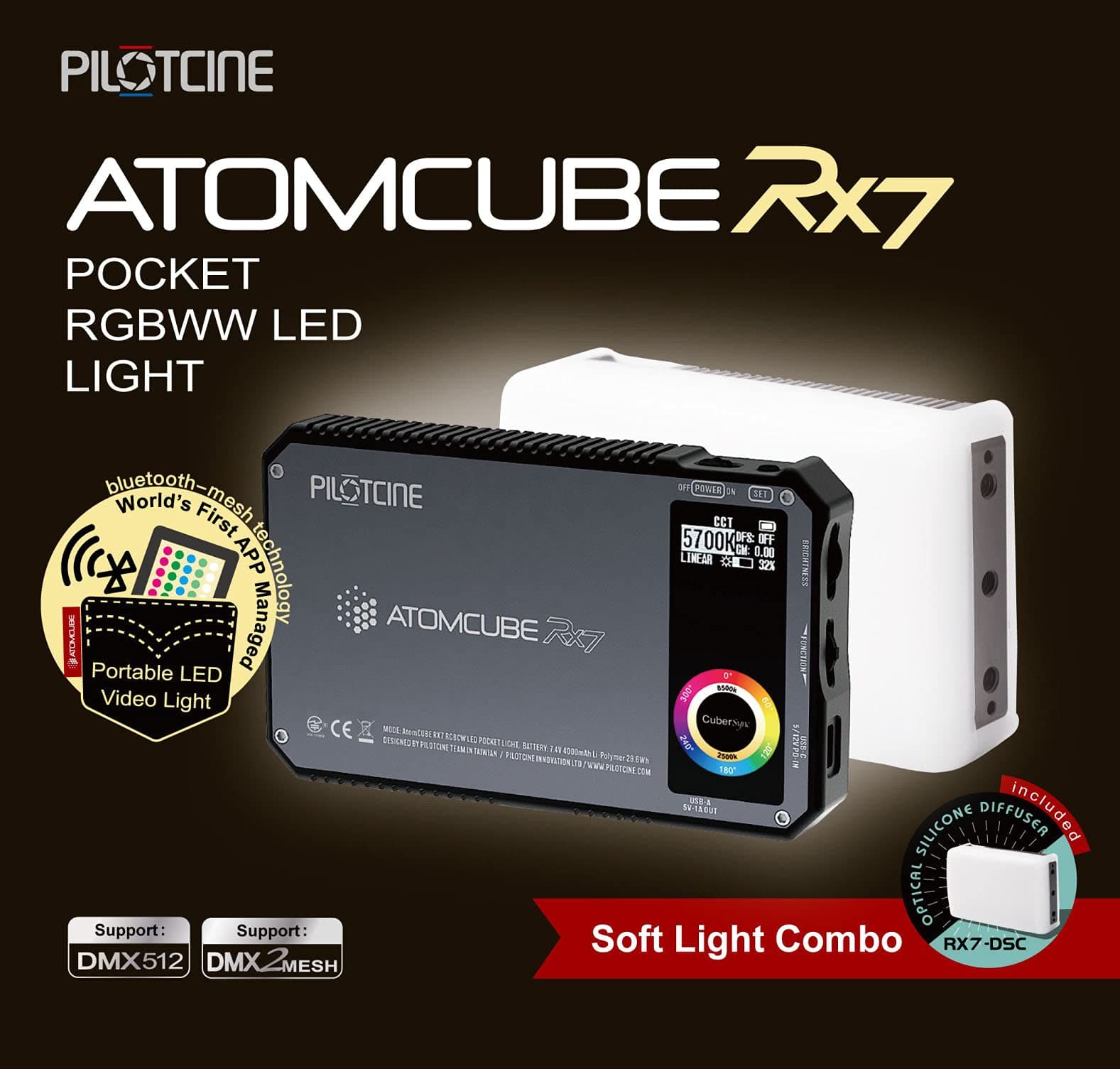 Atomcube RX7 18W 5.9" Pocket RGBWW LED Light (with Diffuser) - New Mesh, APP Control up to 65535 Devices, DMX512, 15 Preset Scenario,5 Custom FX,2500K~8500K, CRI95+,TLCI99