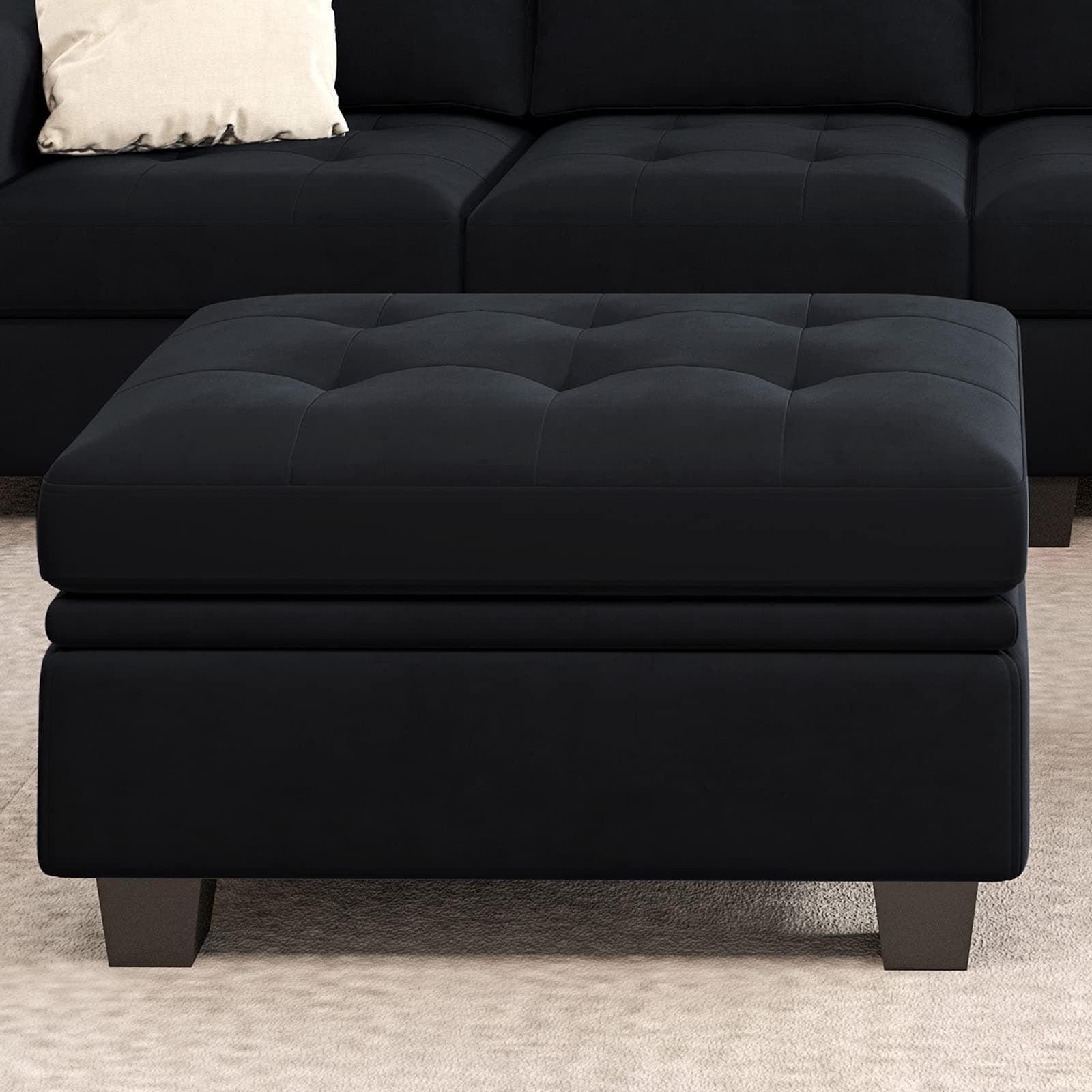 Rectangular Velvet Ottoman with Storage, Tufted Design, Black