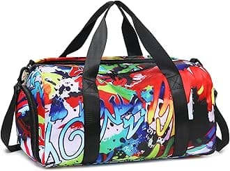 BLUBOONKids Duffle Bag for Boys Water Resistant Small Gym Bag Overnight Weekender Travel Tote with Shoe Compartment and Wet Pocket, Graffiti-red, Leisure