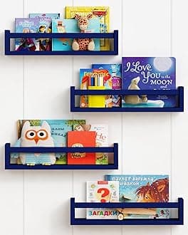 Forbena Navy Blue Floating Book Shelves for Nursery Boy, Decorative Wall Bookshelf for Kids Room, Small Wood Floating Shelves Wall Mounted for Boys Bedroom Bathroom (Set of 4, Blue)
