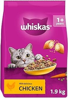 Whiskas 1+ Chicken Pack of 4 x 1.9 kg Bags, Adult Cat Dry Food
