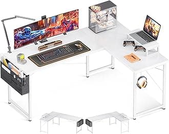 Casaottima L Shaped Computer Desk with Storage Bag, 57.5 Inch Reversible Gaming Desk, Home Office Corner Desk with Monitor Shelf, Space-Saving Writing Workstation Table, Easy to Assemble, White