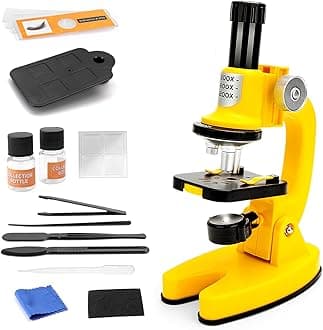 deAO Microscope for Kids 1200X High-Power Science Microscope Kit with LED Light Mobile Phone Adapter 3D Slides, Magnifying Glass, Test Tubes, Color Filters, Stem Toys Science Explorer Tool (Yellow)