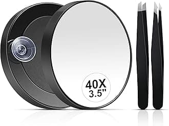 MIYADIVA 40X Magnifying Mirror, 3.5 Inch Round Compact Mirror with Suction Cup, Stainless Steel Tweezers, Perfect for Makeup, Eyebrows, Beards, Travel