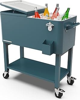 80-Qt Outdoor Patio Cooler with Removable Basin, Outside Beverage Cooler Cart, Rolling Cooler with Wheels and Handles, Teal Green