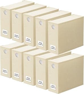SpaceAid 10 Pack Bed Sheet Organizers and Storage, Foldable Sheet Organizer for Linen Closet, Sheets Set Folder Keeper with Window XL (Queen & King Size) Organizing Bedding Container, Beige