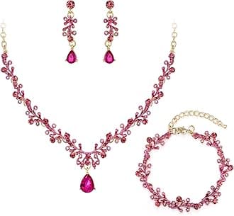 BriLove Bridal Jewelry Set for Women,Shiny Rhinestone Teardrop Leaf Cluster Statement Necklace Dangle Drop Earrings Link Bracelet for Wedding Party Prom Accessories