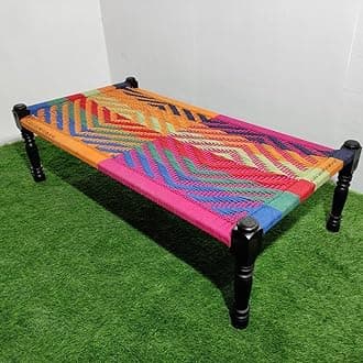 Solid Sheesham Wood Charpai Khat Bed | Wooden Khatiya Charpai Desi | Handcrafted Khatiya Bed with Cotton Rope | Strong Khat for Indoor & Outdoor Use | 6X3 Feet | Blue-Multi