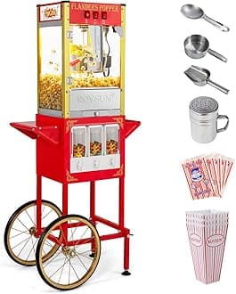 ROVSUN Popcorn Machine Movie Theater Style with Cart & Wheels, 8 Ounce Kettle Makes Up to 32 Cups Popcorn Maker w/Candy Dispensers Scoop Oil Spoon & 3 Popcorn Cups for Commercial Home, ETL Certified