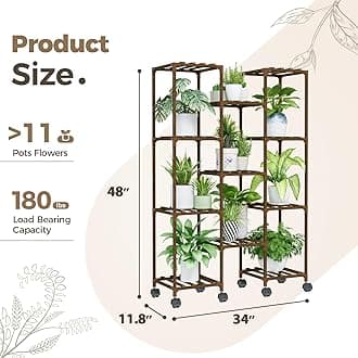 Bamworld Plant Stand With Wheels Indoor Outdoor Wood Plants Shelf for Multiple Plants 11 Pots,Tall Large Flower Holder for Living Room, Patio, Balcony, Garden