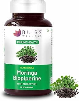 Bliss Welness Moringa Biopiperine 1000 Mg Superfood, Pure Moringa Fruit&Leaves Extract&Biopiperine, Immunity Booster, Antioxidant Blood Sugar Cholesterol Management Supplement - 60 Vegetarian Tablets