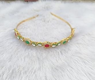 SPARKLING Floral Kundan Studded Matha Patti Sheesh Patti Hairband - Traditional Golden Headpiece for Women and Girls (Pink and Green, Medium)