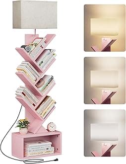 Evermagin 6 Tier Tree Bookshelf with Light, Narrow Bookcase Tower, Tall Floor Standing Book Shelf Organizer with Storage Cabinet for Living Room, Bedroom and Home Office, Pink