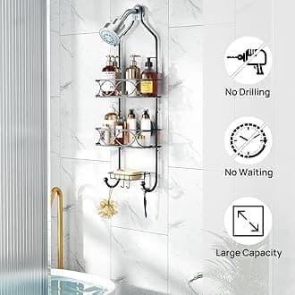 LEVERLOC Shower Caddy Over Shower Head Anti-Swing with Strong Suction Cup, Shower Organizer Hanging Rustproof with Hooks for Razor Towel and Sponge, Shower Shelf for Bathroom, Metal Black