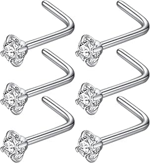 BLESSMYLOVE 316L Surgical Steel 22g/20g/18g Nose Rings Studs L-Shape Nose Nostrial Piercing Body Jewerly L Shaped Nose Studs 1.5mm 2mm 2.5mm 3mm CZ Nose Screw Studs Rings for Women