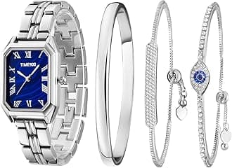 TIME100Women's Rectangle Bracelet Watch Set Premium Crystal Accented Bangle Watch Silvery W50889L