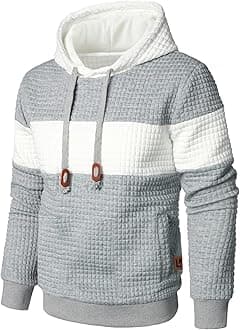 Men’s Sweatshirts Long Sleeve Pullover Patchwork Plaid Jacquard Hoodie Casual Drawstring Hoody Top