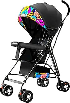 Premium Baby Stroller Lightweight Foldable Travel Stroller for Kids (6 Months to 4 Years) | 360 ° Shock-Absorbing Wheels, UV Protection Canopy, Bottle Holder, Storage Basket (Black Cartoon)