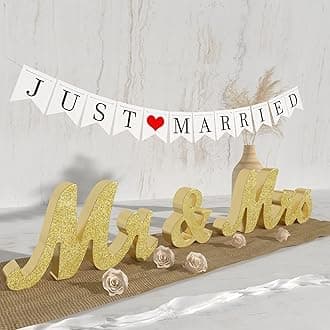 VIOPVERY Mr and Mrs Sign & Just Married Banner,Mr & Mrs Signs for Wedding Table,Large Wooden Letters for Sweetheart Table,Photo Props Wedding decorations for Anniversary,Gold