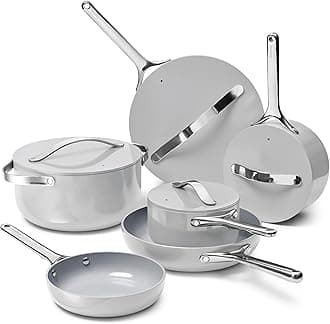 Caraway Deluxe Nonstick Ceramic Cookware Set (16 Piece) Pots, Frying Pans, Lids and Kitchen Storage - PFAS & PFOA Free - Oven Safe Ceramic Pan Set & Compatible with All Stovetops - Gray