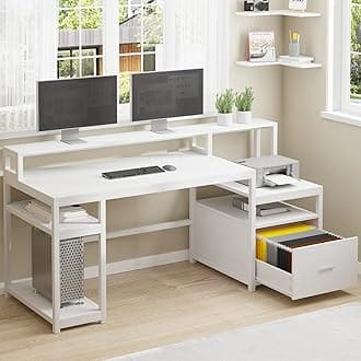 SEDETA Computer Desk with File Cabinet Drawer and Storage Shelves, 66'' Large Home Office Desk with Hutch and Printer Shelf, Computer Table Study Writing Desk Workstation with Monitor Shelf, White