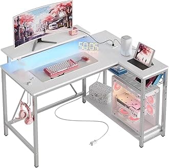 Bestier White Computer Desk with Charging Port & LED Strip,42 inch Modern Gaming Desk with Reversible Storage Shelves,Small L Shaped Desk with Hooks for Home Office
