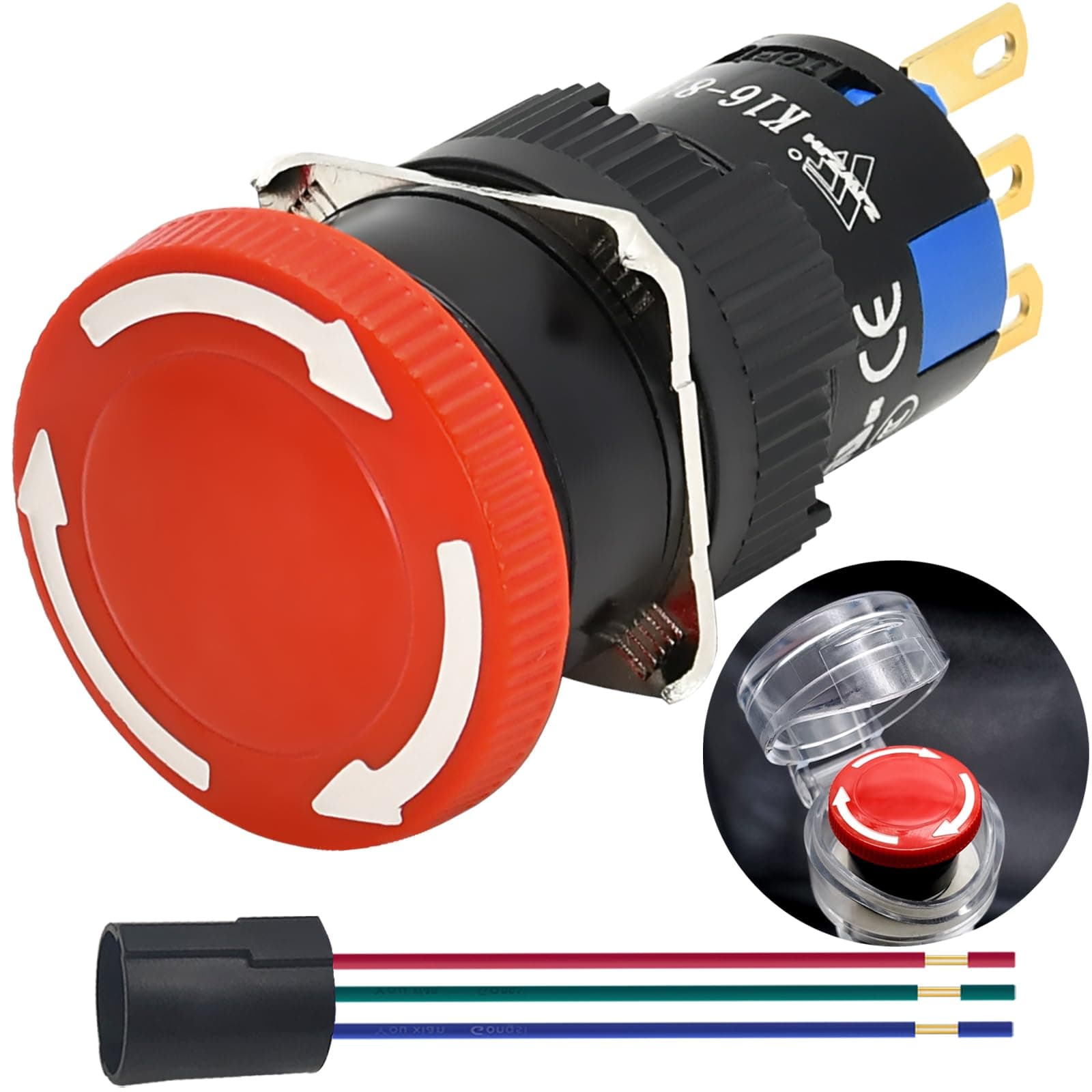 16mm Emergency Stop Push Button Switch SPDT 3 Pin Latching 5/8" Hole with Transparent Waterproof Protective Cover UL Certification