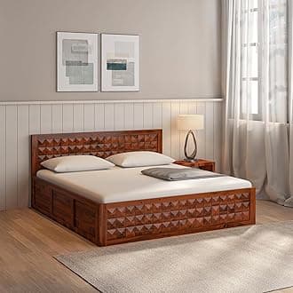 Solid Sheesham Wood Diamond King Size Bed with Box Storage and Headboard for Bedroom Living Room Home Wooden Double Bed Cot Palang Furniture (Honey Finish)