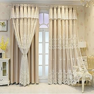 SHUNHUA Blackout Curtains Double Layer Window Curtain-European Style lace Embroidery Double Deck Blackout Tulle Curtain,Living Room Layered Eyelet Drapes Valance Panel,Girl Be