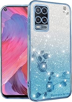 Phone Case for Oppo A54 4G Clear Glitter Floral, Cute Slim for Oppo A54 4G Case Silicone Shockproof Protective Women Girls Cover Sparkle Aesthetic (Blue)