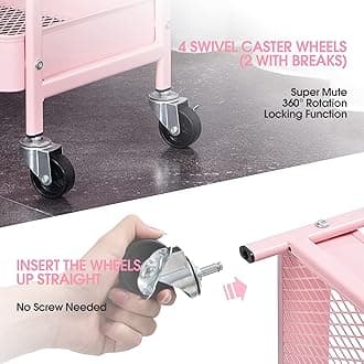 TOOLF 3-Tier Utility Cart, Metal Rolling Storage Cart with DIY Pegboards, Art Craft Trolley with Baskets Hooks, Organizer Serving Cart Easy Assemble for Office, Bathroom, Kitchen, Kids' Room, Pink