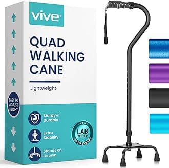Quad Cane - Walking Stick for Men and Women - Lightweight Adjustable Staff - Comfortable Right and Left Hand Grip for Stability Support - Four Prong Sturdy Aluminum Travel Aid - 4 Tip