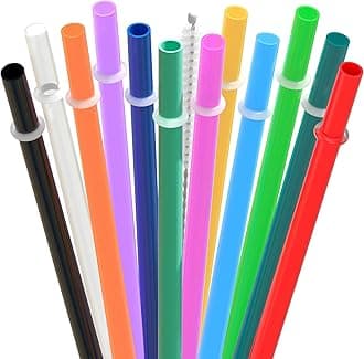 7" Plain Color Reusable Plastic Replacement Drinking Straws for Short Mini Mason Jar,Tumblers, Set of 12 Pcs Straws with Cleaning Brush (7inch,12color)