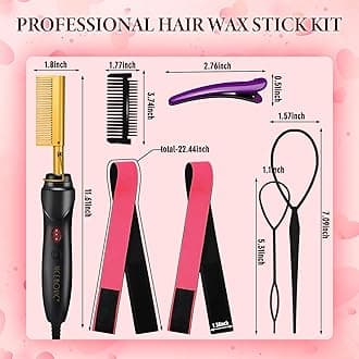 15 Pcs Hot Comb Set, Electrical Straightening Comb Curling Iron, Hair Wax Stick Set for Flyaways, Edge Brush, Rat Tail Combs for Parting, Braid Ponytail Maker, Lace Melting Bands, Salon Styling Clips
