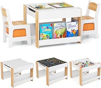 Kids Table and Chairs, 4 in 1 Wooden Activity Desk Set w/Reversible Tabletop, Bookshelves & Storage Drawers for Drawing, Reading, Crafts, Playing, Toddler Table and Chair Set (Natural)