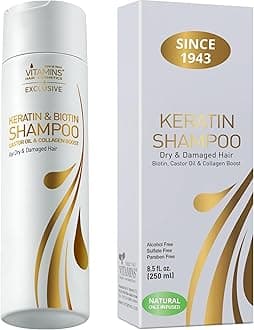 VITAMINS hair cosmetics Keratin Shampoo for Dry Hair - Paraben & Sulfate Free Shampoo for Damaged Hair with Biotin & Collagen - Castor Oil & Protein Repair Treatment - 250 Ml