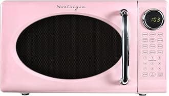 Nostalgia Retro Microwave Oven 0.7 Cu Ft, 700-Watt Countertop Size with Glass Turntable, Child Safety Lock, 8 Auto-Cook Programs, Digital Clock, Pink