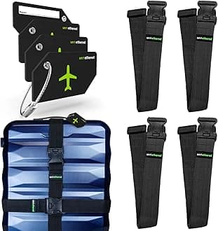 Untethered Ultimate Travel Set: 4 Premium Luggage Straps and 4 Silicone Tags - Secure & Identify Your Bags with Ease (Black + Tags)