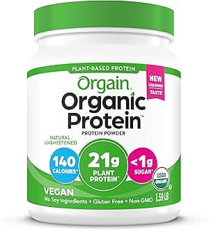 Orgain Organic Vegan Protein Powder, Natural Unsweetened - 21g of Unflavored Plant Protein, 4g Prebiotic Fiber, Low Net Carbs, No Added Sugar, Non-GMO, For Shakes & Recipes, 1.59 lb