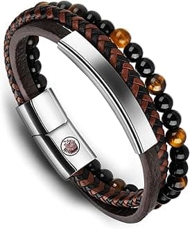 Mens Leather Bracelet – Classic Handmade Braided Black & Brown Cuff Bracelet with Engraved Magnetic Clasp Free Jewelry Gift Boxed