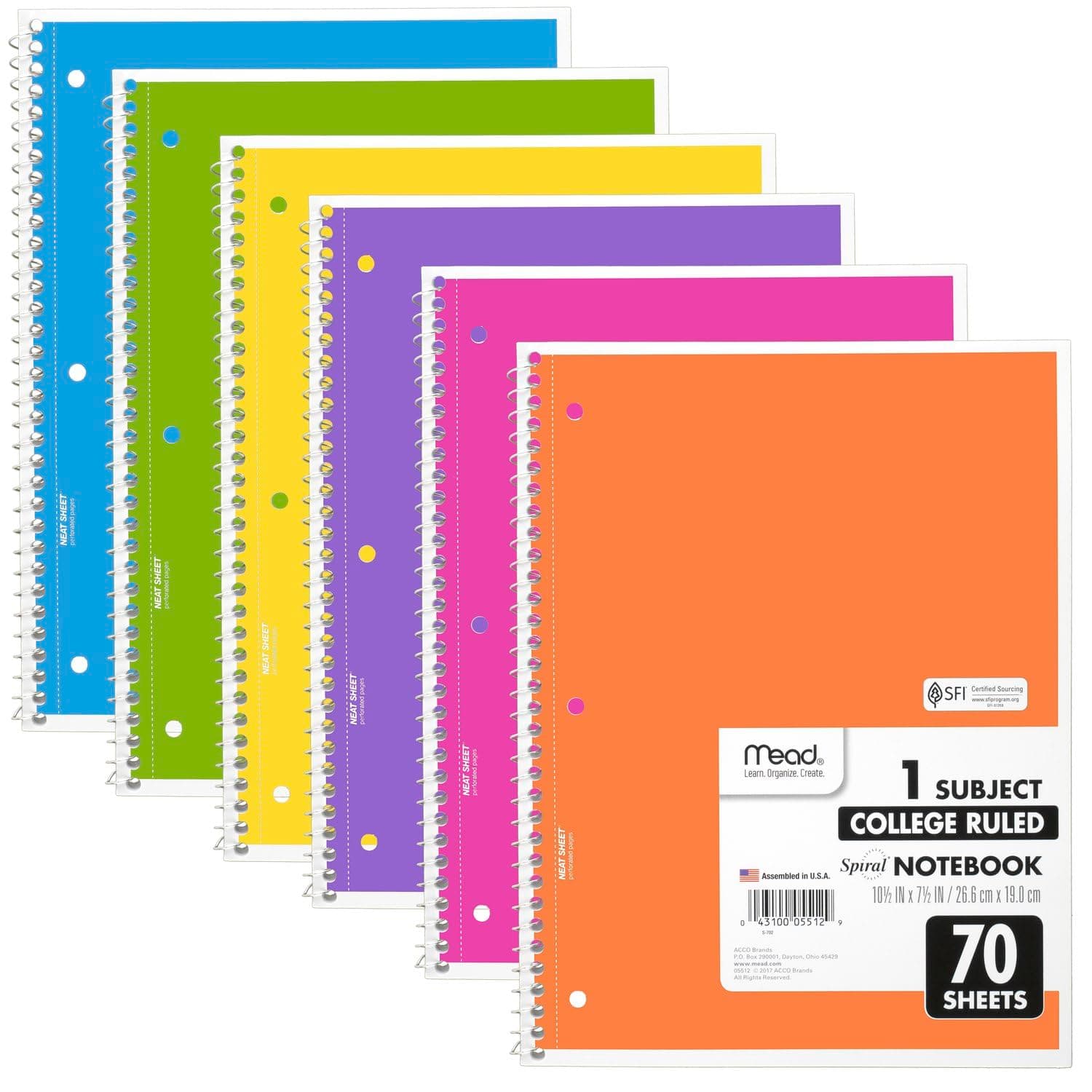 Mead Spiral Notebook, 6 Pack, 1 Subject, College Ruled Paper, 7-1/2" x 10-1/2", 70 Sheets per Notebook, Assorted Bright Colors (830050-ECM)