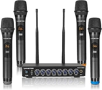 Sound Town 200 Channels Wireless Microphone Karaoke Mixer System, with 4 Metal Handheld Microphones, Optical (Toslink), AUX, for Smart TV, Home Theater, Sound Bar (SWM16-4MEGA)