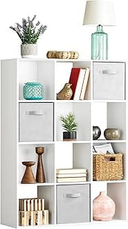 12 Cube Storage Organizer, 4 Tier Stackable Mdf Wood Bookcase, Open Storage Display Bookshelf, Storage Cabinet for Living Room, Bedroom, Home, Office, 35.1"L x 11.6"W x 47.5"H, White