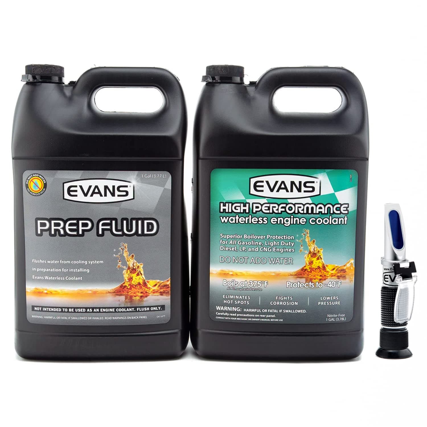 EVANS Performance Kit | Stop Overheating | 100% Waterless High Performance Coolant | Includes Prep Fluid for Initial Flush Out | 100% Water-Free to Stop Boil-Over | With Refractometer to Test Accuracy